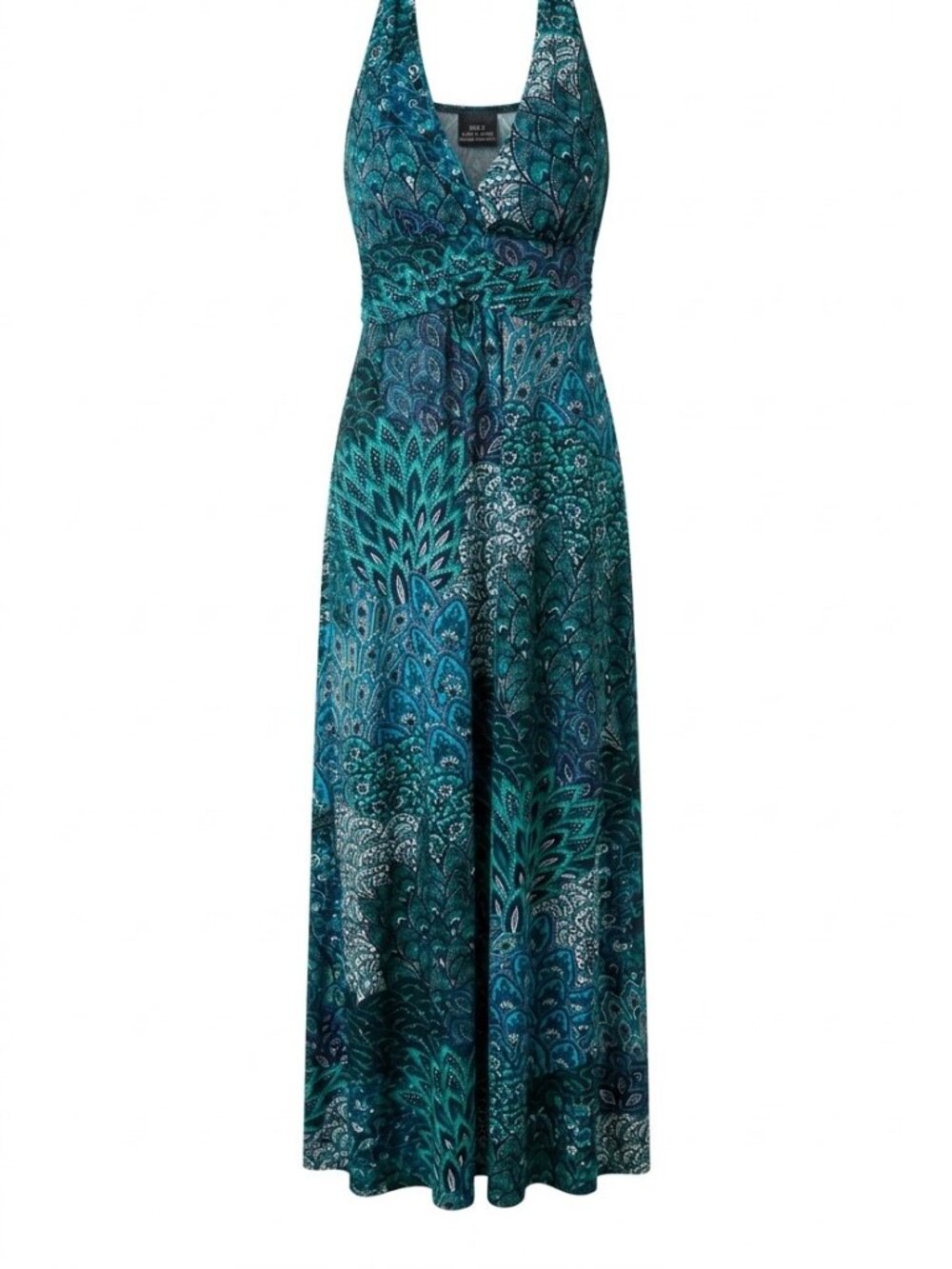5th & Love Blue Teal Paisley Halter Maxi Dress Beaded Neck Boho Grecian M